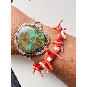 Vintage Sterling Silver Red Coral Branch & Chip Bracelet 7.5” Toggle Clasp Boho